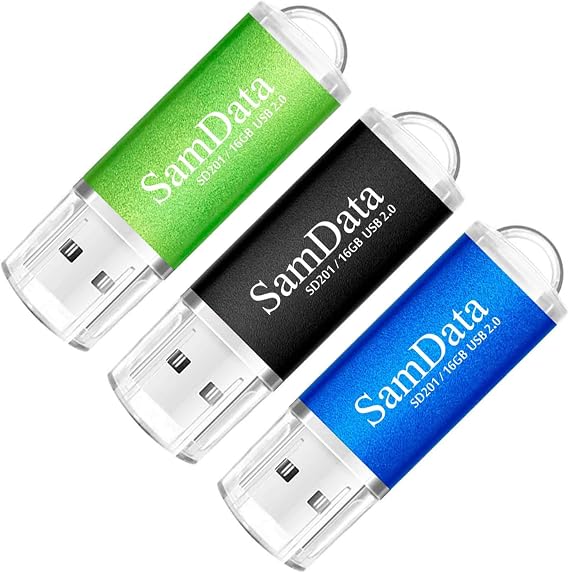 SamData 3 Pack 16GB USB 2.0 Flash Drive Thumb Drives Memory Stick, 3 Colors: Black Blue Green