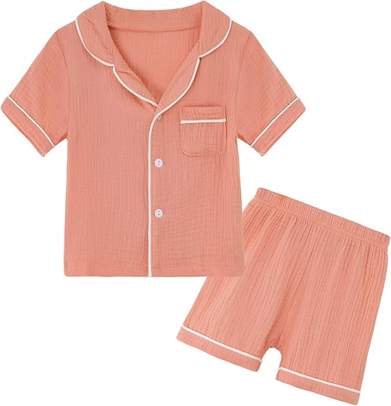 Kids Short Sleeve Pajama Set 100% Cotton Button Down Sleepwear Little Big Girls Boys Summer Soft Lounge Set 3-9 Years