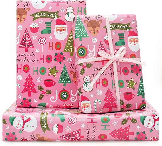 Baby Pink Merry Christmas Santa Wrapping Paper with Ribbon - 7 Sheets, 28x20 Inches - Perfect for Kids, Girls & Women