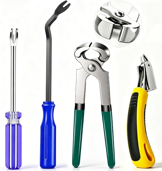 4Pcs Upholstery Staple Remover Tool Set Including 7inch End Cutting Plier,V Tip Tack Puller,U Tip Tack Puller,Staple Remover,Nail Puller Carpet Remover for Furniture Floor Photo Frame