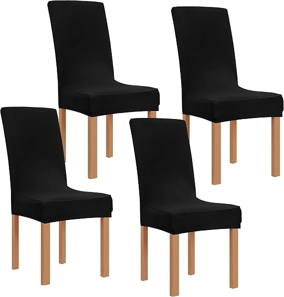 Obstal Black Stretch Spandex Dining Room Chair Covers ?Set of 4 Universal Removable Washable Chair Seat Slipcovers Protector for Kitchen, Ceremony, Wedding, Banquet, Hotel and Party
