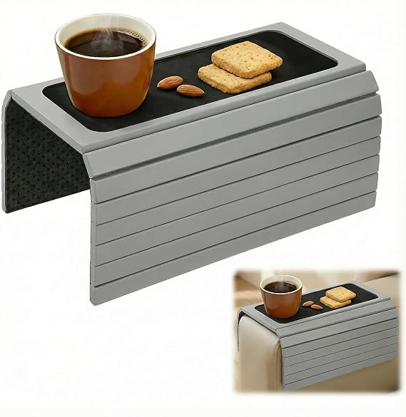 Sofa Arm Tray Natural Bamboo, Foldable Couch Arm Table with Black Coaster, Non-Slip Sofa Armrest Organizer for Recliners and Sectionals, Couch Armrest Table Tray for Snacks, Coffee, Drinks, Phone