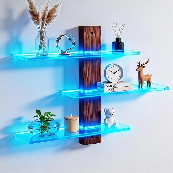 3 Tier Acrylic Wall Mounted Display Shelf with Lighting Display Case Shadow Box with RGB Lights LED Display Cabinet for Collectibles,Dolls,Perfumes,Small Plants,Blocks,Toys