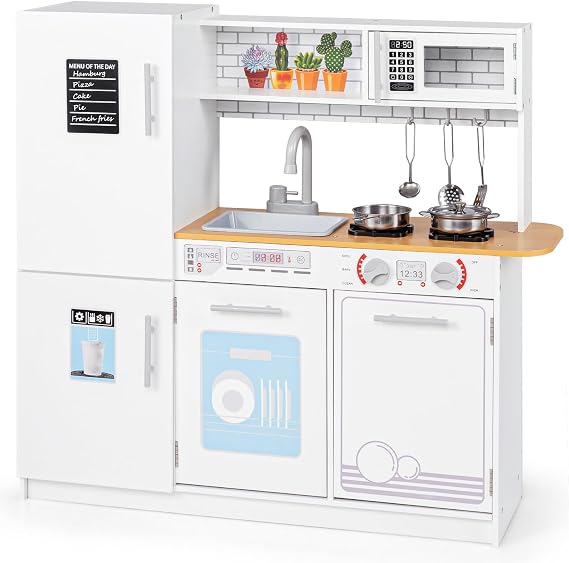 COSTWAY Kids Play Kitchen, Wooden Pretend Cooking Playset with Sink, Microwave, Dishwasher, Water Dispenser, Chalkboard, Toddler Toy Kitchen for Boys Girls