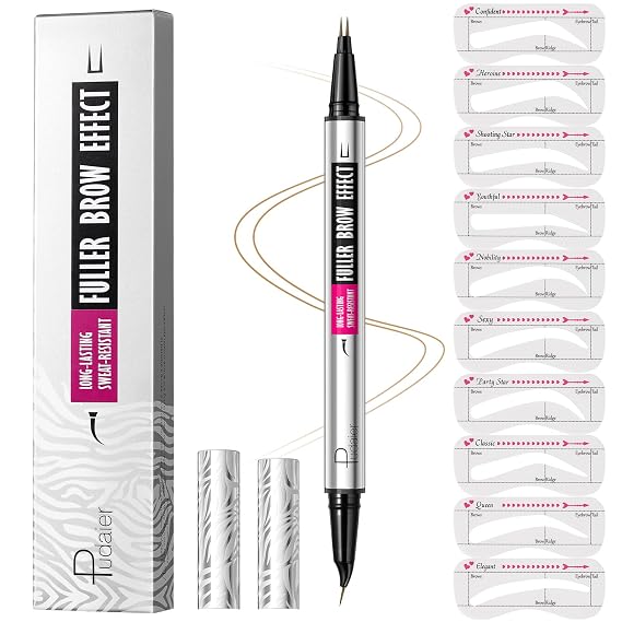 Curved Eyebrow Pencil with 10Pcs Stencils, 2-in-1 Dual-Ended Microblading Eyebrow Pen with Curved Brush-Tip and Fork-Tip for Hair-Like Brows, Waterproof Eyebrow Pencils for Women, Light Blonde