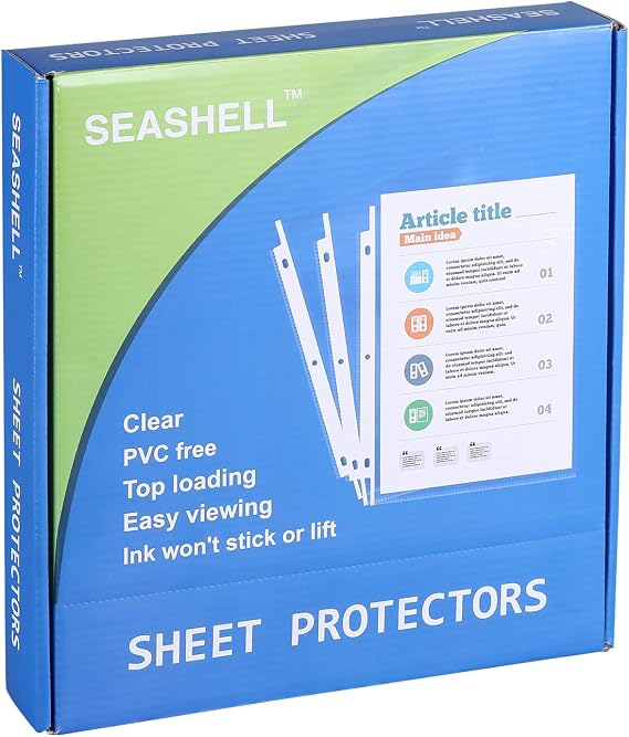 Seashell 250 Economy Sheet Protectors 8.5 x 11, Clear Plastic Page Protectors for 3 Ring Binder, Letter Size, Acid Free, Top Loading, Binder Sleeves for 8.5 x 11 Inch Sheets