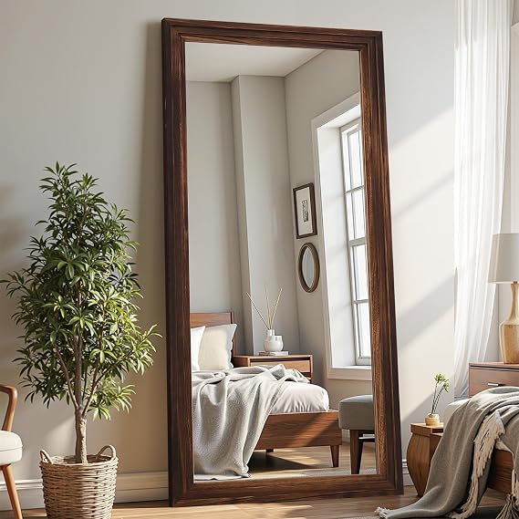 Antok Full Length Mirror with Solid Wood Frame, 71"32" Wall Mounted Oversized Floor Mirror with Stand, Leaning Standing Hanging for Bedroom Living Room Entryway, Walnut, Rect Style