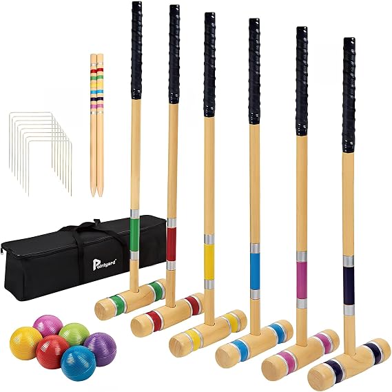 6 Player Croquet Set with Non-Slip Handle, 28in Solid Wooden Game