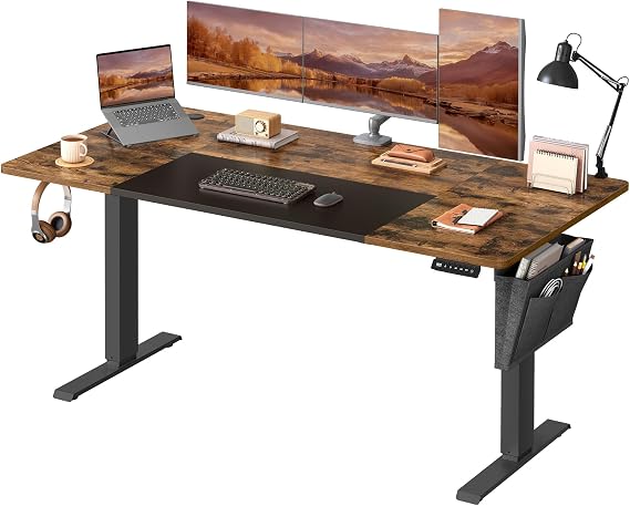 VASAGLE Electric Standing Desk, Height Adjustable Desk, 70 x 160 x (72-120) cm, 4 Memory Heights, Storage Pocket, for Home Office, Study, Rustic Brown and Matte Black LSD026X11V1