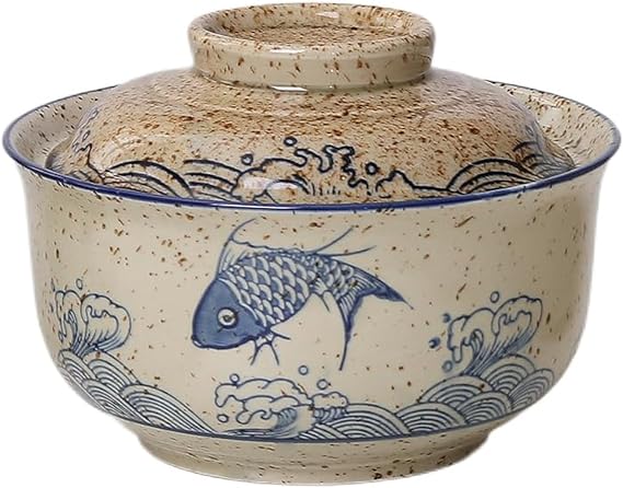 Ceramic Ramen Bowl Set with Lid, 800 ml Soup Bowls, Pho, Japanese Vintage Ramen Bowl for Cereals, Soup, Asian Tableware, Microwave and Dishwasher Safe