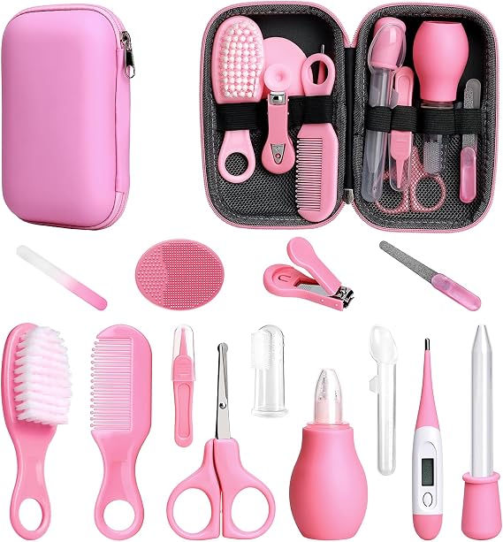 Baby Healthcare and Grooming Kit, 20 in 1 Baby Safety Set Newborn Nursery Health Care Set with Hair Brush Scale Nail Clippers for Baby Girls Boys 20 Kits Pink