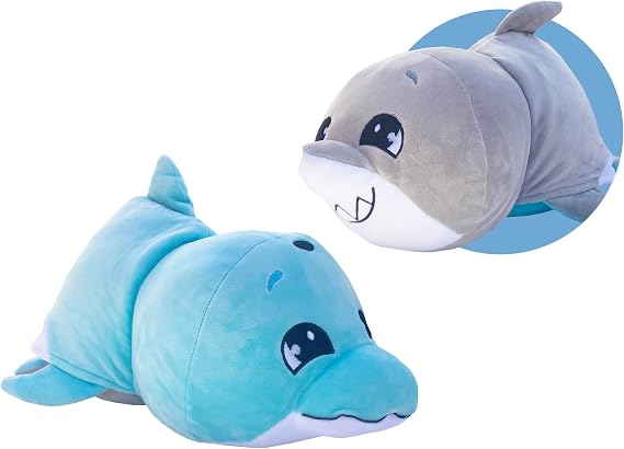 Flip-a-Zoo Mushmillows: Shark & Dolphin | The Toy that Flips For You! | 2-in-1 Super Squeezable, Squashy Pals | 15-inch Reversible Plush