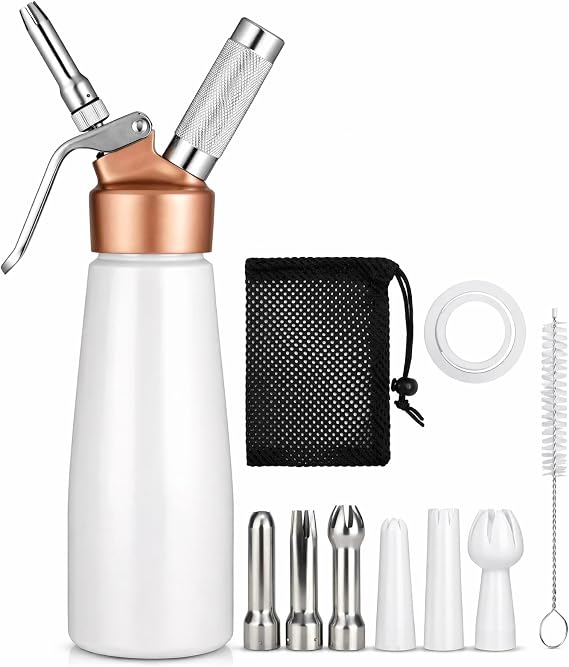 Professional Whipped Cream Dispenser, White, 500ml | Aluminum Alloy, Gold Top, 6 Decorating Tips, For Homemade Whipping Cream