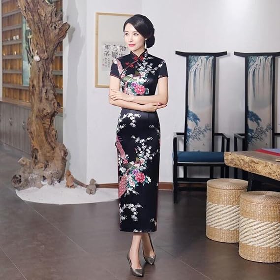 REDBMX Chinese Style Vintage Qipao Summer Short Sleeve Long Qipao Traditional Dress Women Cheongsam Middle Age Women Clothing