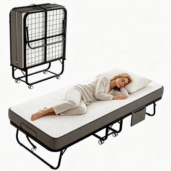 Folding Bed with Mattress, 75" x 31" Rollaway Bed with Memory Foam Mattress for Adults, Portable Foldable Guest Bed with Metal Frame, Luxury Single Bed for Home& Office Space Saving