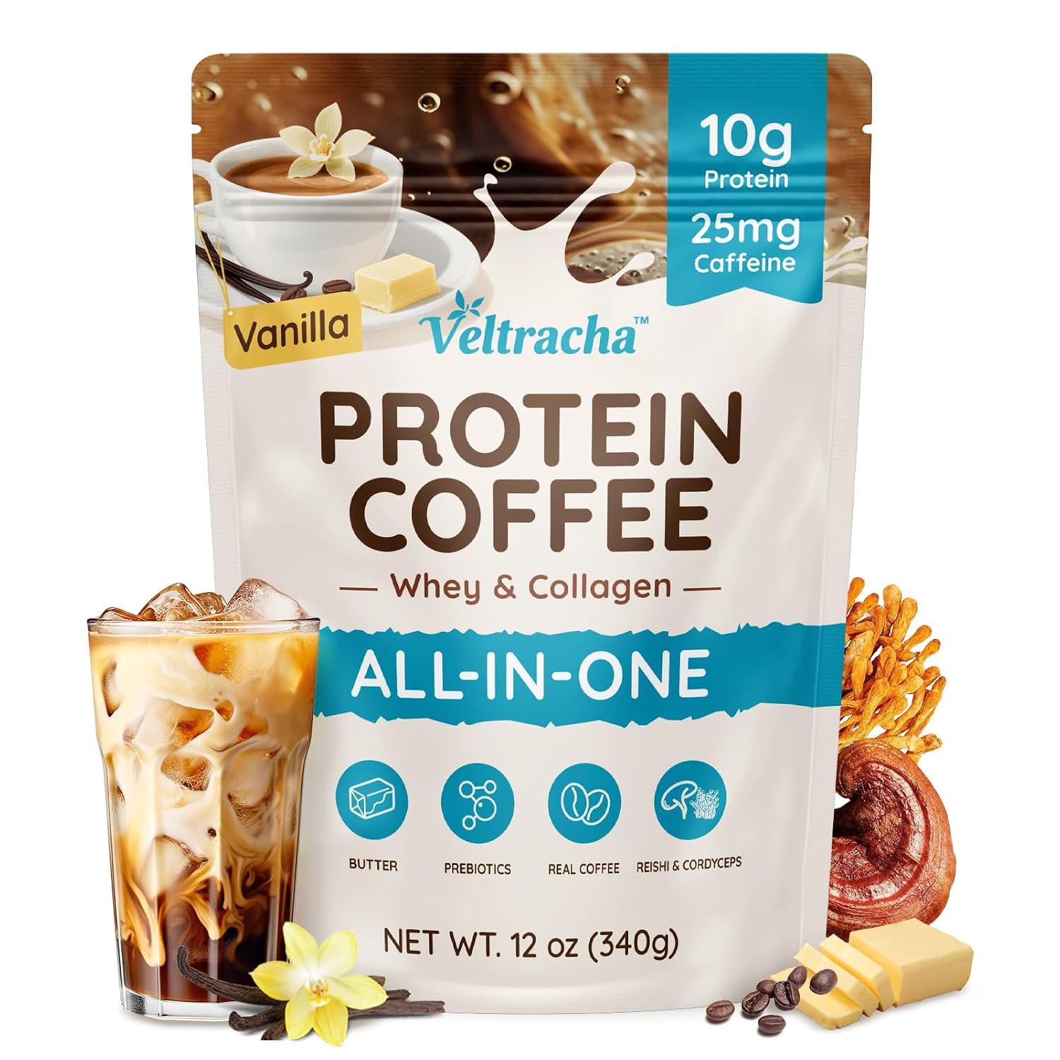 Whey Protein Coffee, Collagen Protein Iced Coffee with Prebiotic Mushrooms & Butter, Natural Energy without Jitters - Decaf, No Artificial Additives & Sweeteners, Vanilla 20 Servings