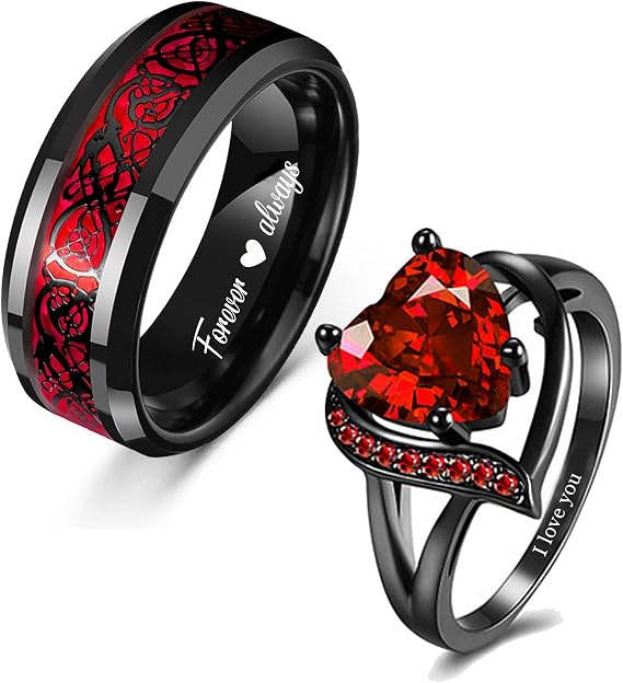 Custom Engraved Couples Rings Set Promise Rings for Him and Her Red and Black Matching Wedding Rings for Engagement Sets Celtic Dragon Tungsten Ring Red Ruby Rings for Women,Size 6-13