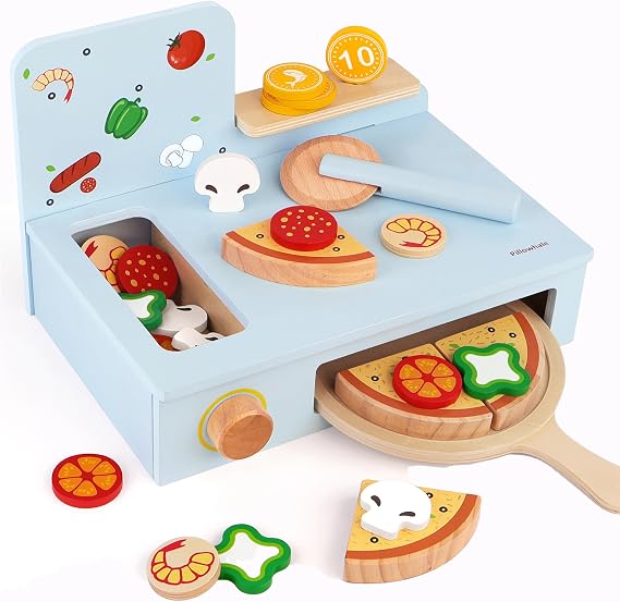 Pillowhale Wooden Pizza Toy, Pretend Play Toy Pizza Set for Kids 3+
