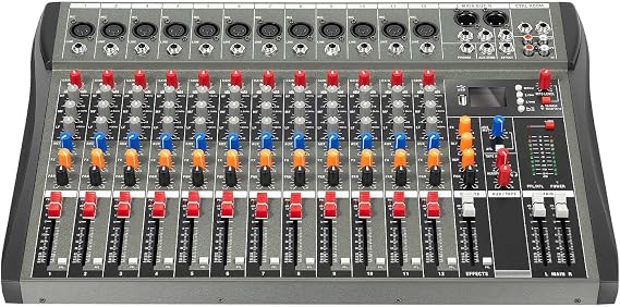 12-Channel Audio Mixer, Professional Mixer Sound Board Console Desk System Interface Digital USB Computer MP3, Input 48V Phantom Power Stereo DJ Mixers for Recording,Live Streaming,Podcasting,Karaoke