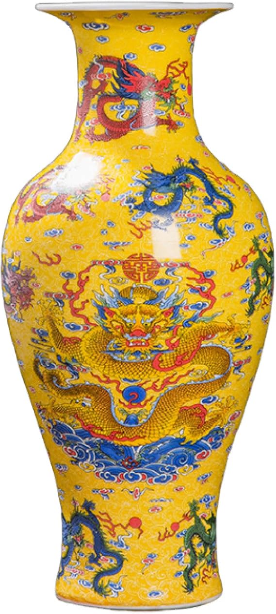 Jingdezhen Ceramic Vase with Glowing Nine Dragons Pattern, 35cm Chinese Style Luminous Vase for Living Room Display, Cabinet Decor & Hydroponic Flower Arrangement-yellow