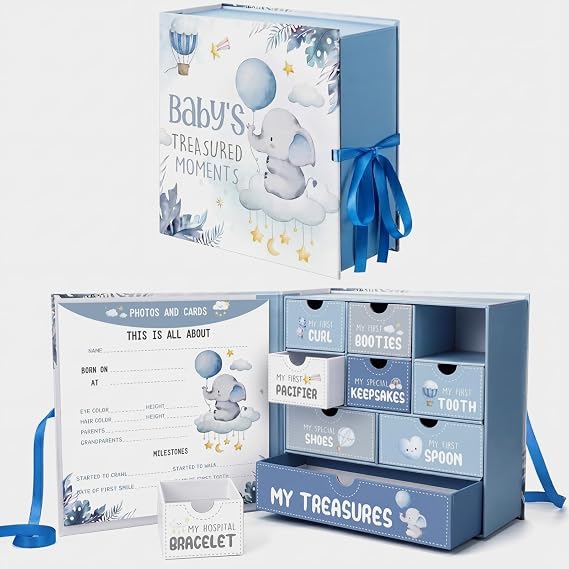 Beeveer Baby Keepsake Box Newborn Memory Organizer with 9 Labeled Compartments First Keepsake Book Gift Box for Pregnancy Mother"s Day Baby Shower New Maternity(Blue,Blue Elephant)