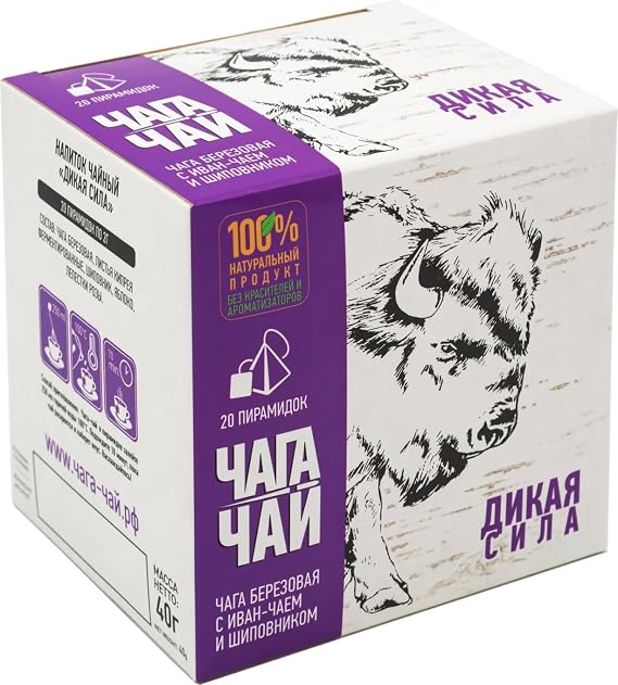 Imported Russian Premium Birch Chaga Tea with Fireweed & Wild Rose "Wild Power", 20 pyramids of 2g Net. Total 1.41oz