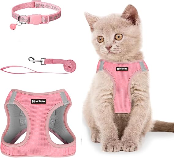 Cat Harness and Lead Set, Adjustable Cat Harness for Walking Escape Proof, Soft Kitten Harness and Lead Set Vest with Reflective Strip for Cats Dogs Pets Walking (Pink, S(Chest 36-44 cm))