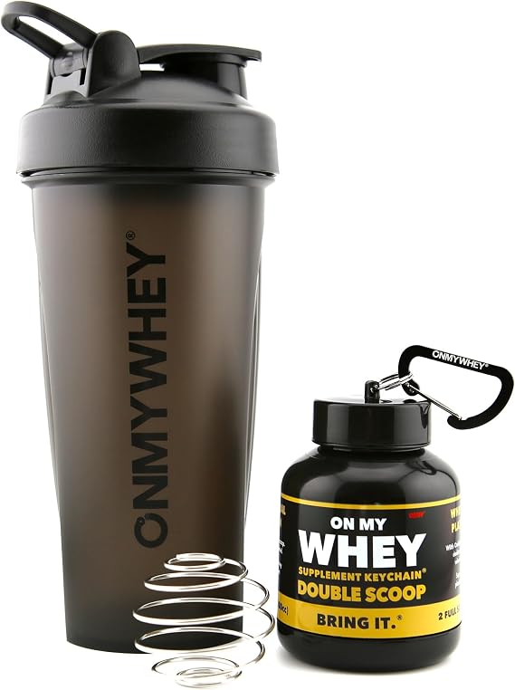 Protein Shaker Bottle With Supplement Keychain Container - BPA Free, Reusable Shaker Cup for Active Weight Lifters and Fitness Enthusiasts - Cute, Fun, and Convenient Design - OnMyWhey