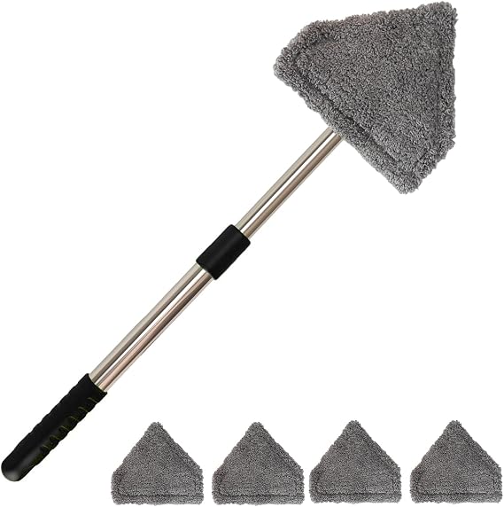 Conliwell Windshield Car Cleaning Tool, 13-16.7-inch Extendable Handle with 180-Degree Rotation and 4 Reusable Microfiber Cloth Heads, Suitable for Cleaning Car Windows Inside and Out (Black)