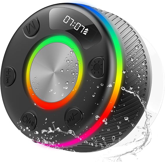 Bluetooth Speaker, Shower Speaker, IP7 Waterproof Portable Speakers Bluetooth 5.4 with HD Sound, RGB Light/LED Display/Hands-Free Call/Suction Cup Perfect for Bathroom Sing-Along Stocking Stuffers