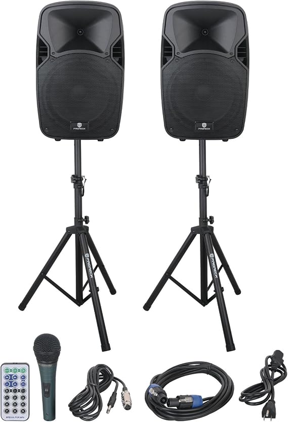 PRORECK PARTY 12 Portable 12-Inch Woofer 2-Way Powered PA Speaker System Combo Set with Bluetooth/USB/SD Card Reader/FM Radio/Remote Control/Speaker Stand
