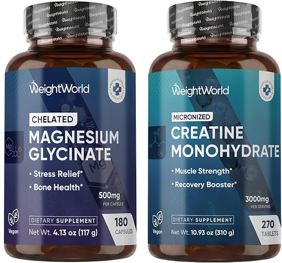 WeightWorld Creatine Monohydrate Tablets + Magnesium Glycinate Capsules | Muscle Growth & Recovery | A Perfect Post Work Out Combo | for Performance & Energy