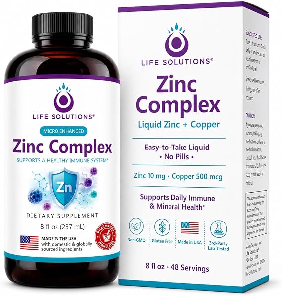 Life Solutions Liquid Zinc Supplement, 8 fl oz, 48 Servings | Copper, Zinc Gluconate & Copper Gluconate, Zinc Complex for Daily Mineral Support, No Pills, Non-GMO