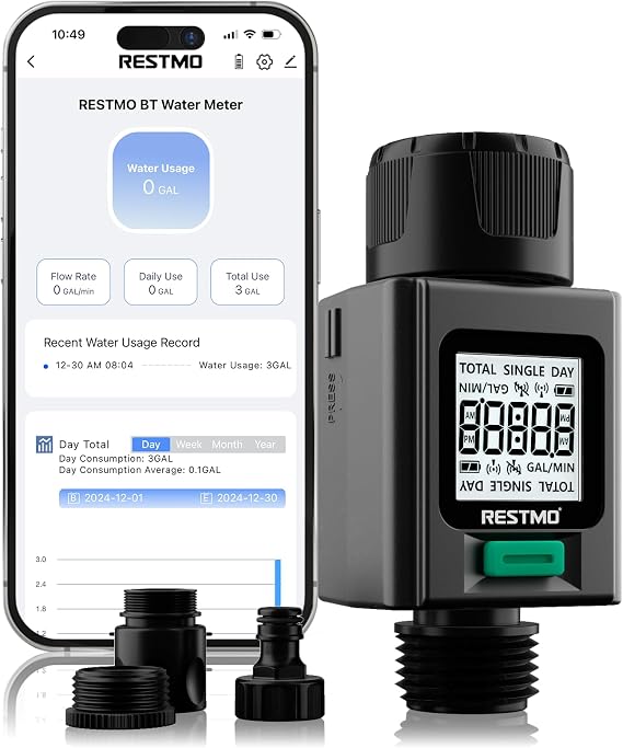 RESTMO Smart Bluetooth Water Flow Meter, 180° Adaptive Hose Tap Meter
