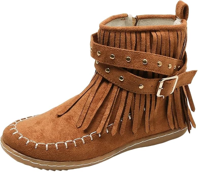Women's Western Cowboy Boots Trendy Fringe Faux Suede Round Toe Boots Casual Dressy Fashion Retro Short Booties Winter Outdoor Low Heel Short Walking Shoes