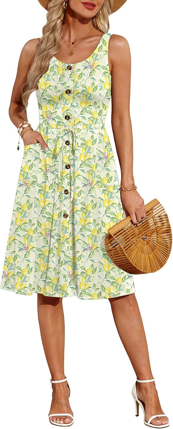 Zattcas Womens Summer Button Down Tie Waist Midi Dress | Petite Tank Top, Pockets, Work Teacher Office Dress, Below the Knee, Sleeveless Sundress, Church Business Casual Outfits