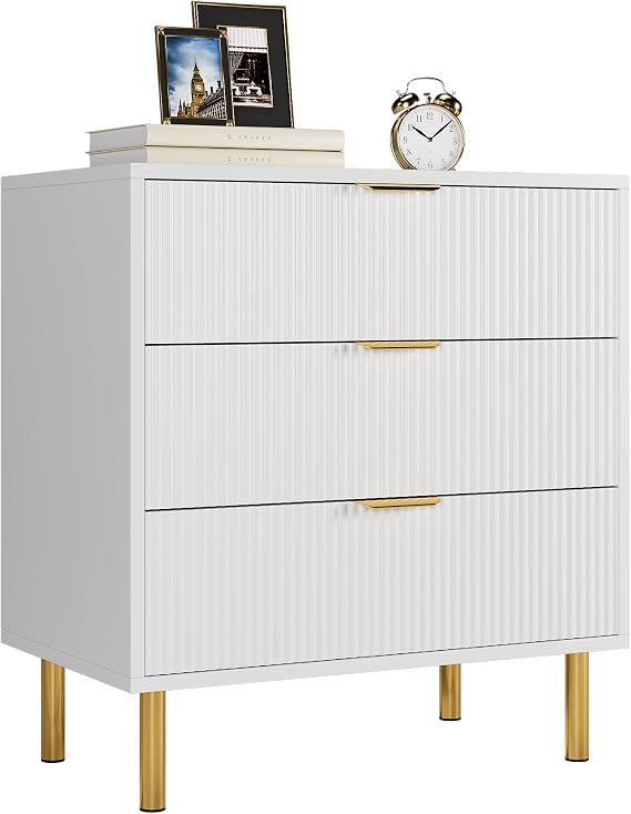 Fluted White 3 Drawer Chest of Drawers, Minimalist Wooden Dresser with Gold Metal Legs & Pull Handles, Versatile Storage Chest for Bedroom Hall Living Space & Cloakroom