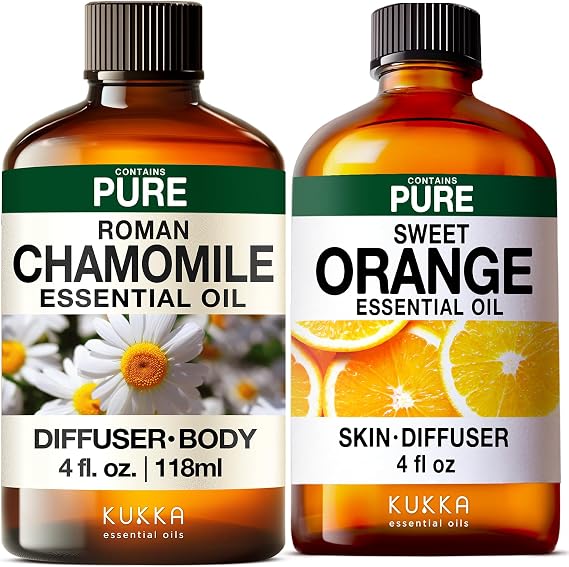 Roman Chamomile Essential Oil for Relaxation Diffuser & Sweet Orange Essential Oil for Diffuser & Skin - Aromatherapy Grade Essential Oils Set - 2x4 fl oz - Kukka