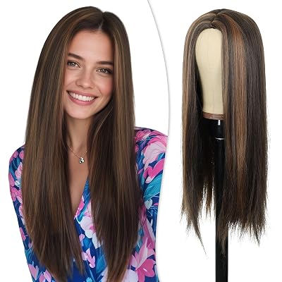 PHOCAS Long Brown Wig 23 Long Straight Brunette Wigs for Women Synthetic Chocolate Dark Brown Wigs with Highlight for Women Daily Party