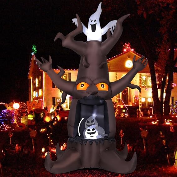 GOOSH 9 FT Halloween Inflatable Animated Dead Tree Outdoor Decorations Blow Up Yard Scary Tree And White Ghost With Built-In LEDs For Outdoor Garden Lawn Party Decor
