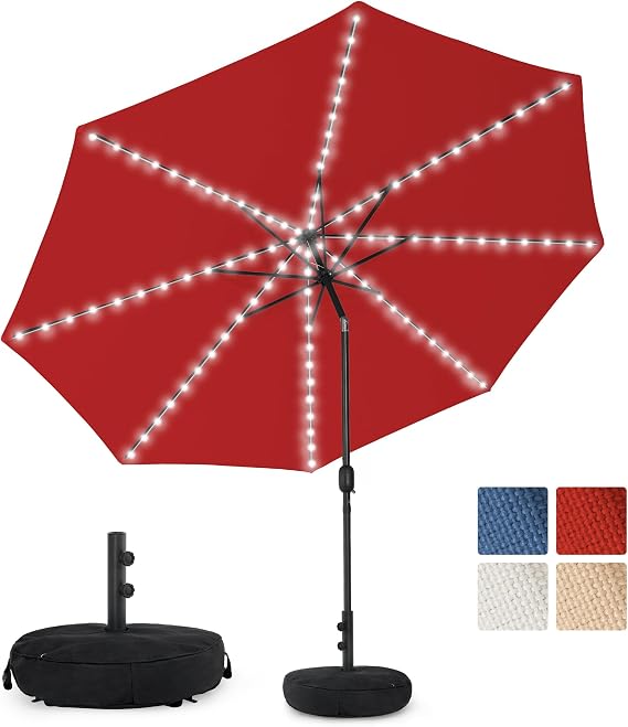 Sundale Outdoor 104 LED 11 FT Solar Patio Umbrella with Base, Red | Sand Bag Umbrella Base, Tilt, Crank, Solar Lights