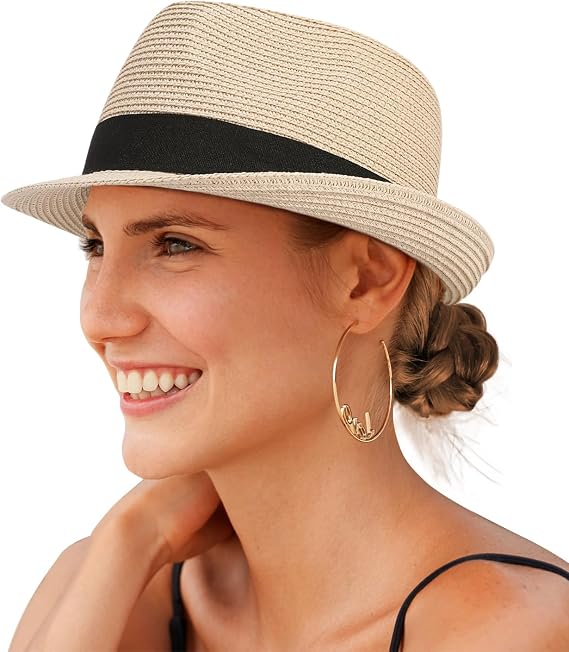 Creekstone Straw Fedora Sun Hat for Women Men Short Brim Panama Trilby Beach Hat Packable Summer Hat UPF 50+
