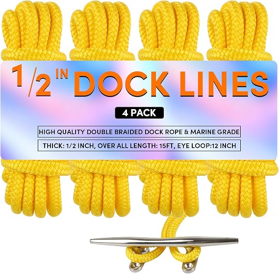 Dock Lines Boat Ropes for Docking Double Braided Mooring Marine Rope Boat Lines for Docking, Dock Lines for Boats with Loop, Boating Rope Boat Lines(2 Pack,4 Pack