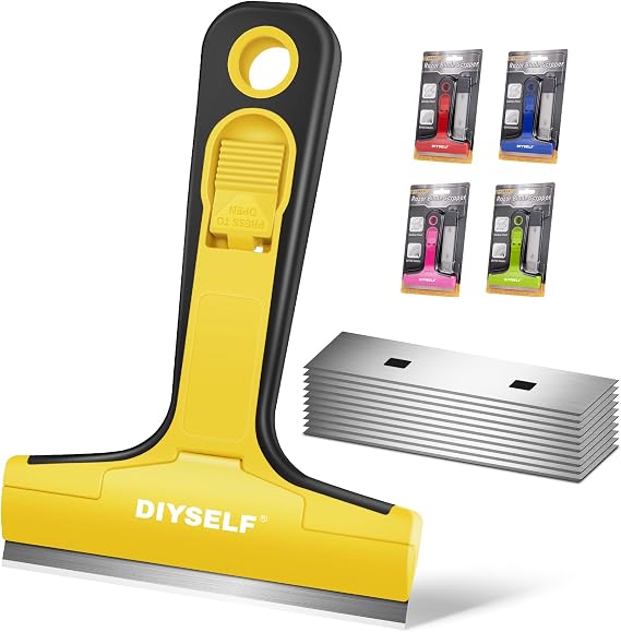 DIYSELF Glass Scraper Window Set Window Scraper with 10 Blades 10 cm Yellow