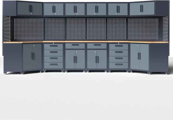 Garage Storage Cabinet System,28Pcs Garage Cabinets and Storage System Corner Workshop Set with Corner Cabinet, Cabinet Drawers, Workbench, Pegboard for Tool Organization, Black and Grey