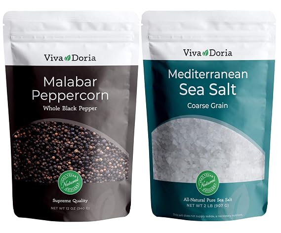 Viva Doria Malabar Whole Black Peppercorns, 12 oz + Mediterranean Sea Salt, Coarse Grain, 2 lb Grinder Refill Pack | Sea Salt & Whole Black Pepper, 2-Piece Set