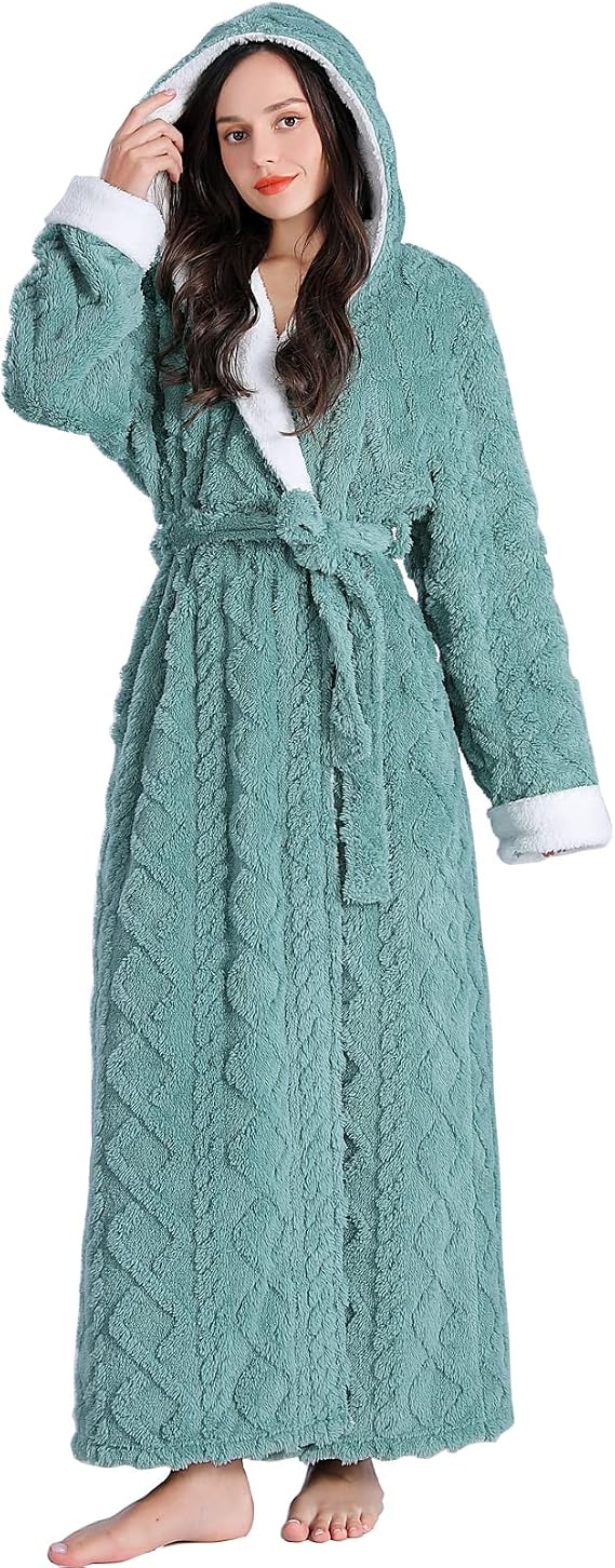 LKG women's robes long plush hooded ladies shower luxury christmas warm fuzzy robes house coat bathrobe for women full length