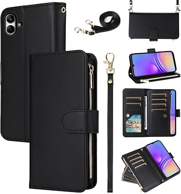 Wallet Case for Samsung Galaxy A04e with Wrist Strap Crossbody Shoulder Strap Leather Zipper Flip Purse Card Holder Slots Protector Stand Cell Accessories Phone Cover AO4e A 04e Girls Black