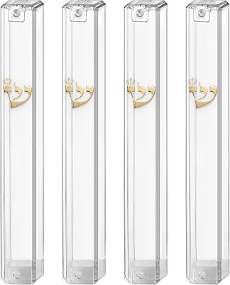 Ateret Judaica 4 Pack Waterproof Clear Transparent Plastic Mezuzah Case with shin Gold | Fit up to 5  12 cm Mezuzah Scroll. Israeli Import | Easy Peel and Stick Scroll Not Included