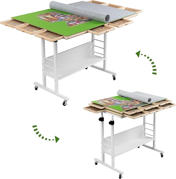 Tektalk 2000 Piece Foldable Puzzle Board with Height Adjustment, Jigsaw Puzzle Table with 2 Felt Cover & 8 Sorting Trays/Drawers, Puzzle Easel with Legs, Enclosed with 4 Roller Wheels (Green)